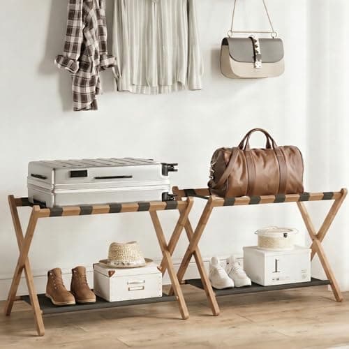 BAMBOOHOMIE Bamboo Luggage Rack for Guest Room, 26.77" Folding Wide Suitcase Stand with Fabric Storage Shelf, Luggage Stand Holder for Bedroom Hotel, Luggage Rack for Suitcases (2 Pack - Tea brown)