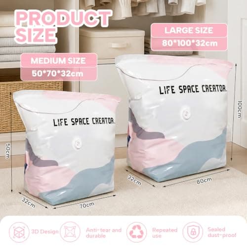 BIZOI 4PCS No Pump Vacuum Storage Bags, Reusable Vacuum Pack Bags, Press & Seal Roll-Up Compression Bags, Space Saver Sealer Bags for Clothes Duvets Bedding Pillows Blankets, Travel and Home (2M+2L) — view 2