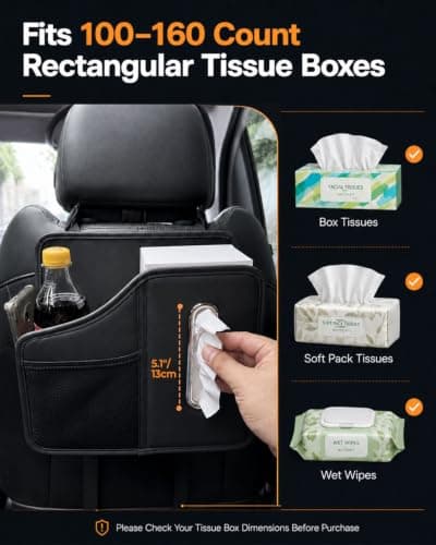 Car Tissue Holder for Back Seat, Premium Back Seat Organizer with Cup Holder & Storage Pockets, Carbon Fiber Look Headrest Tissue Box Holder for Kids, Road Trips, SUV, Truck （Black） — view 4