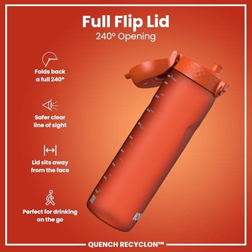 ION8 1 Litre Water Bottle, Leak Proof, Flip Lid, Carry Handle, Rapid Hydration, Dishwasher Safe, BPA Free, Contoured Grip, Ideal for Travel, Gym & Activity, Carbon Neutral Recyclon,32oz, Hearty Orange — view 4