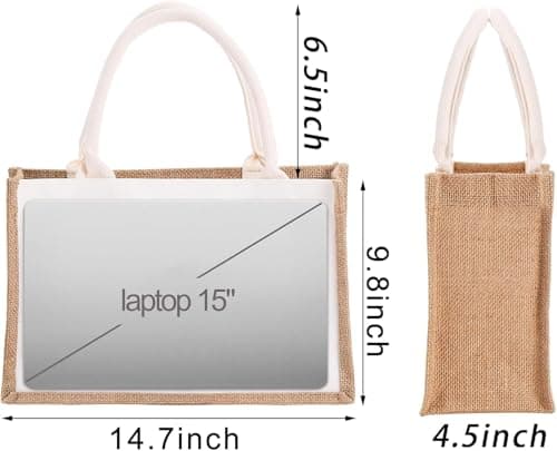 SOUJOY 6 Large Pack Burlap Tote Bags, 37×25cm Reusable Jute Gift Totes with Handles, Water Resistant Beach Bag, Canvas Grocery Shopping Totes for Bridesmaid, DIY, Wedding, Valentine's Day — view 2