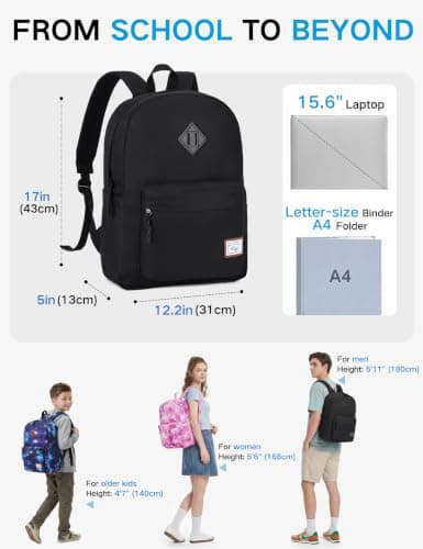 Kasgo 17.3L Lightweight School Backpack for Teens & Tween Boys Girls, Black — view 2