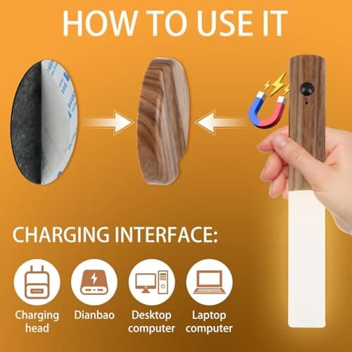 USB Rechargeable Wall Lights Wireless LED Motion Sensor Night Light Portable Stick on Wall Lights Removable Magnetic Cordless Automatic Battery Strip Lamp for Indoor Hallway Bathroom Stairway (Brown) — view 6