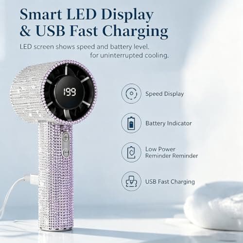 Glitter Diamond-Design Handheld Fan, Portable Turbo Fan with 100-Speed Adjustable Airflow, 1800mAh Rechargeable Mini Fan with LED Display, Quiet Personal Cooling Fan for Travel Office Outdoor (Silver) — view 4