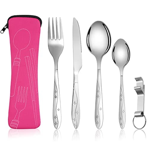 Vicloon 5PCS Camping Cutlery Set, Stainless Steel Flatware Set with Bottle Opener, Travel Cutlery Set Spoon Knife and Fork for Camping Picnic Office School Lunch (Rose Red)