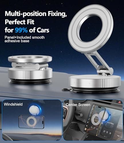 CloudValley Magnetic Phone Holder for Car, 360°Rotatable Foldable Phone Mount with Strong Vacuum Suction Cup, Universal Stand for iPhone 16/15/14, Samsung Compatible with Mirror, Windscreen, Silver — view 6