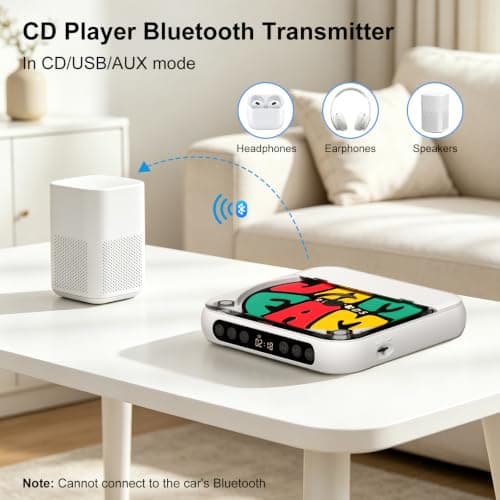 CD Player Portable with Built-in Speaker, Bluetooth Rechargeable CD Player for Home & Car, Personal Small Music Player Supports CD/USB/AUX, Includes Headphones & Type-C Cable, White — view 3