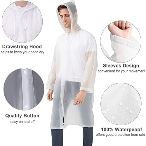 Cosowe Rain Poncho Raincoats for Adults, 2 Pack Reusable Emergency Rain Coat Jacket with Hood, Rain Cover Poncho for Men Women, White — view 3