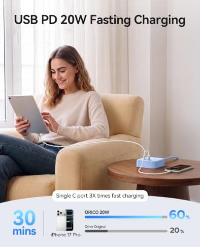 ORICO 1.5M Extension Lead with USB Slots, PD 20W USB C Charger Blue — view 2