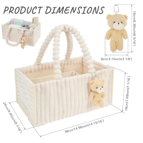 Eyoulife Diaper Caddy Organizer with Cute Bear Pendant, Soft Nappy Caddy Organiser with Removable Dividers, Portable Baby Storage Basket for Changing Table, Nursery, Car and Travel(White) — view 2