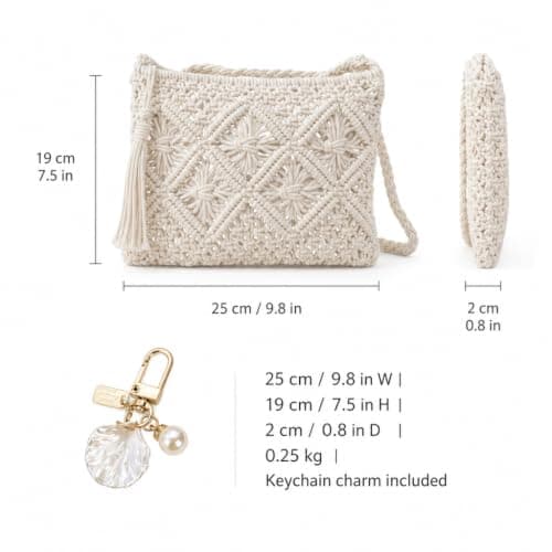 Voskilon Straw Bags for Women, White Cotton Woven Crochet Bag with Metal Shell Keychain, Small Boho Crossbody Handbag for Summer Beach Holiday, Travel, Shopping, Music Festivals, Dates and Daily Use — view 4