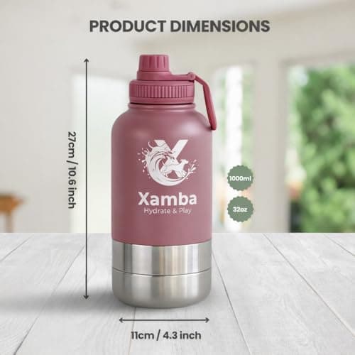 Xamba 3-in-1 Dog Travel Water Bottle 32oz (1000ml) – Stainless Steel Leak-Proof Pet Water Bottle with Detachable Food & Water Bowls for Walking, Hiking & Travel (Rose Pink) — view 5
