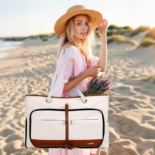 Lekespring Waterproof Beach Bag for Women - Tote Bags with Zip and Pocket, Fldable Travel Shoulder Bag with Shoe Compartment, Enhanced with Bottom Elastic Strap (Beige) — view 2