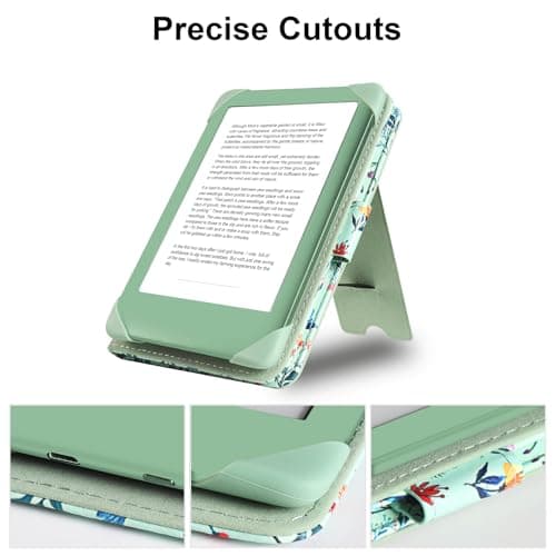 HoYiXi Universal Case For 6 inch eReader,Compatible with Kindle/Kobo Clara HD/Kobo Clara 2E/Paperwhite/PocketBook/Tolino eReader,with HandStrap/Kickstand, Cover Case for 6'' eReaders,Green flowers — view 5
