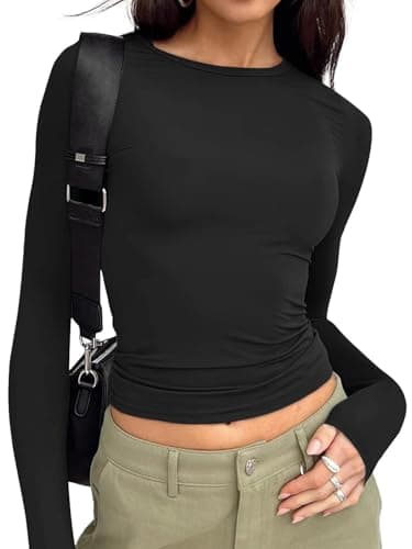 LILLUSORY Long Sleeve Tops Women Crew Neck Y2k T Shirts Black L
