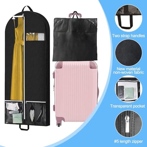 2 Pack Garment Bags for Hanging Clothes, 54x23x4 Inch Foldable Suit Cover with Clear Zipper Pockets & Handles, Heavy Duty Storage Carriers for Travel, Suit, Coat, Dress, Black — view 4