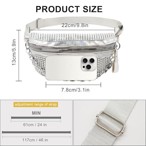 Long Keeper Sparkly Bum Bag Fanny Pack for Women Teen Girls Rhinestones Waist Bag Party Holographic Bumbags Ladies Shiny Bling Bag Cross Body Chest Bag (White) — view 2