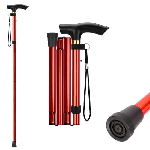 Walking Stick Adjustable Folding Walking Sticks for Women and Men, Walking Cane for Elderly Or Disabled, Folding Adjustable Height, Left Or Right Handed, Non-Slip Rubber Tip, Wrist (Red)