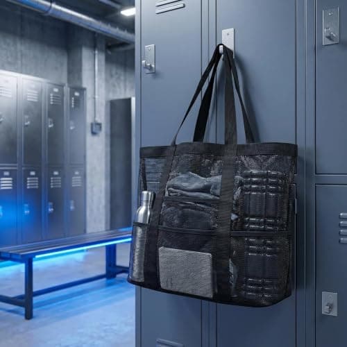 SINJAETRQ Mesh Beach Storage Bag with Multiple Pockets, Black Mesh Tote for Swimming Beach Travel, Large Capacity Sandproof Organizer 55×40cm with Reinforced Handles — view 5
