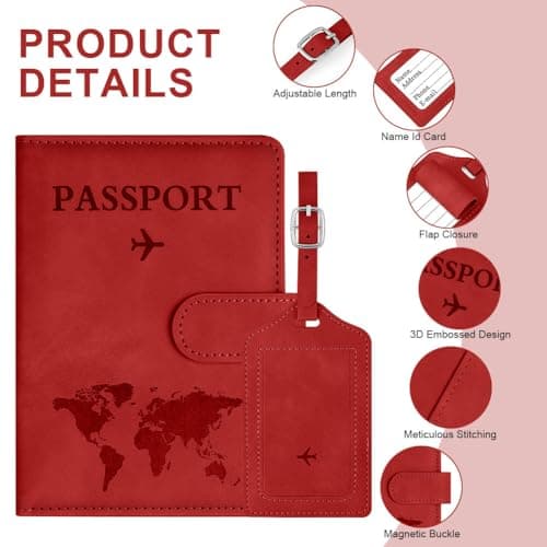 OFFCUP Passport Holder Cover, PU Leather Passport Cover and Luggage Tag Set with RFID Blocking Travel Wallet, Universal Travel Wallet Case Organiser for Money, Boarding Passes, Credit Cards Red — view 3