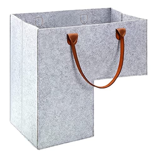 Keyohome Foldable L-shape Stair Basket Organiser, Large Stair Storage Organizer, Large Stair Tidy Basket Storage, Felt Stair Storage Bag with Faux Leather Handles for Laundry Toys Household (Grey)