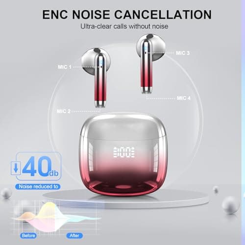 Kicoeon Wireless Earbuds Bluetooth 5.4 Headphones with 4 Mic HiFi Stereo Sound, Wireless Headphones with Dual LED Display Touch Control, 40H Playtime Bluetooth Earphones IP7 Waterproof, Red — view 6