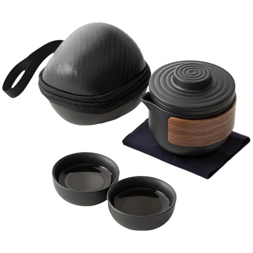YOFAPA 4 PCS Portable Travel Tea Set, Mini Kung Fu Tea Pot and Cups with Black Carry Case, Compact Ceramic Tea Pot Kit for Outdoor Camping, Office Tea Breaks, Afternoon Tea