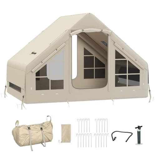 Outsunny Inflatable Camping Tent, Stove Jack Hole, 2-4 Person, Beige