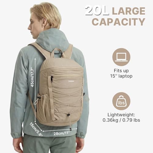 G4Free 20L Small Backpack Rucksack for Women Men, Lightweight Hiking Backpack for Walking Travel, Daypack with Drawstring (Khaki) — view 2