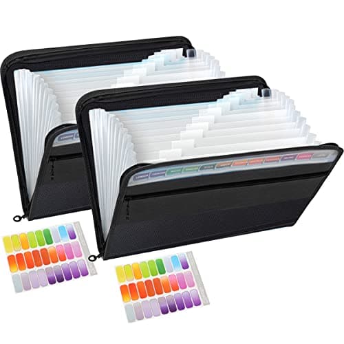 Pack of 2 TRANBO 13 Pockets Expanding File Folder with Zipper Closure, A4 Plastic Document Wallet Organiser with Handy Front Pocket (Black)