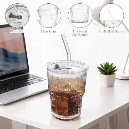 Tel Charme * 2 Pack 400ml Glass Tumbler with Lid & Straw Iced — view 3