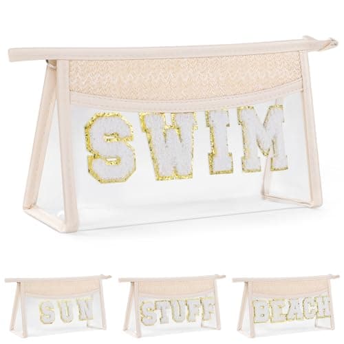 Etercycle Boho Patch Makeup Bag, Clear PVC Travel Toiletry Bag Waterproof Beach Bags for Women, Small Chenille Letter Bag with Zipper for Beach Travel Essentials (Swim)