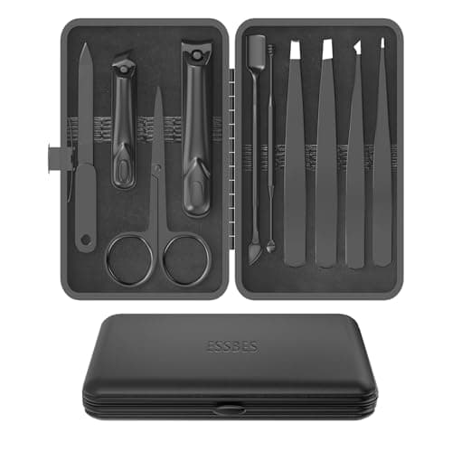 ESSBES Manicure Set 10 in 1 Stainless Steel Nail Clippers Scissors Tweezers Grooming Kit with Travel Case (Black)