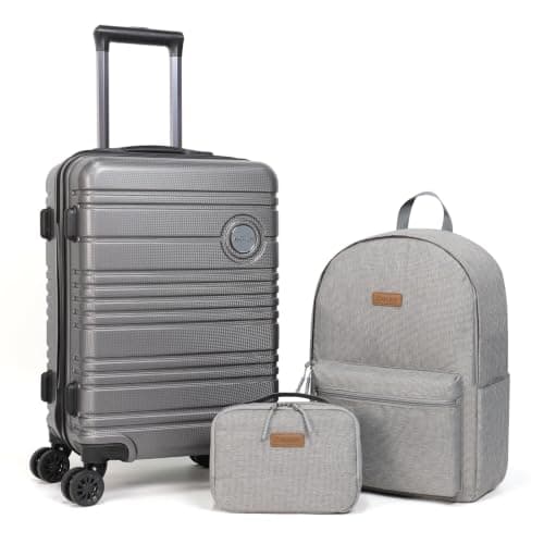 Aklsvion 20 Inch Suitcase Set PC Hard Shell Luggage Hand Luggage Travel Trolley Case Cabin Bag Sets 3 Piece Luggage Sets with Travel Backpack and Toiletry Bag for Short Travel (Grey)