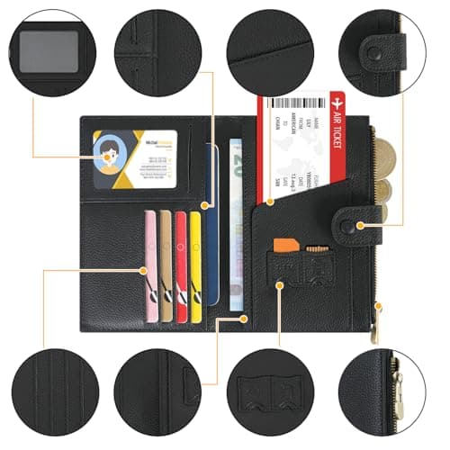 WASON Leather Passport Cover Travel Wallet RFID Blocking – Passport Holder Slot with Zipper Pocket for lD, Boarding Pass,Ticket, Cash, SD Card, Travel Essentials for Men and Women (Black) — view 3