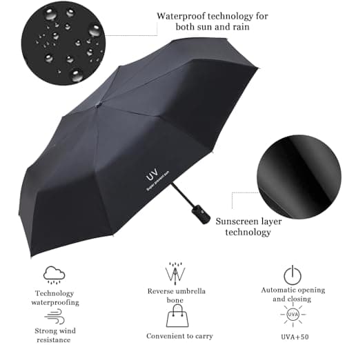 Senshuomy Windproof Travel Umbrella with 8 Sturdy Ribs,Compact and Foldable,One-Touch Automatic Opening and Closing Handle,Lightweight,Strong,and Portable(Black) — view 5