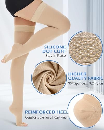 Ailaka 20-30 mmHg Compression Stockings for Women Men, Thigh High Open Toe — view 3