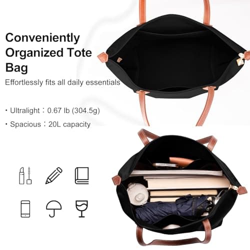 BOJLY Large Capacity Waterproof Tote Bag for Women - Foldable Reusable Shopping Bag for Travel, School & Work - Lightweight Packable Shoulder Bag, Black — view 5