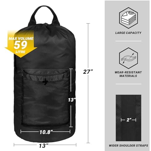 CATOTEL Polyester Large Laundry Bag Backpack, Black, Adjustable Shoulder Straps, Drawstring Closure, Multi-purpose for College Dorms, Laundry Room, Travels, Storage — view 2