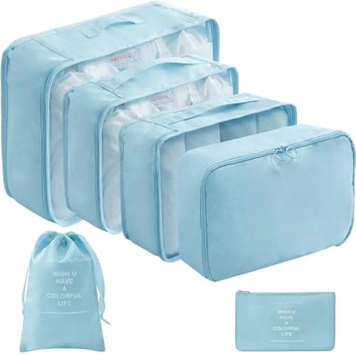 LANSKLBD 6/8 Set Packing Cubes for Suitcases Travel Luggage Packing Organizers,Travel Accessories Essentials Luggage Organizer with Shoe/Tioletry/Laundry Bag (Light Blue, 6 set)