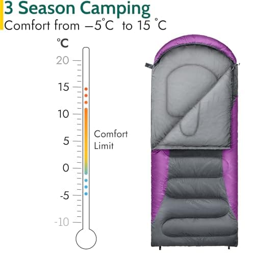 Trail Alpine 250 XL Sleeping Bag with Hood (L230cm x W100cm), Large Extra Wide Envelope Sleeping Bag, 2 to 3 Season Camping, Lightweight, Water Resistant, Polycotton Liner, Compression Bag (Purple) — view 3