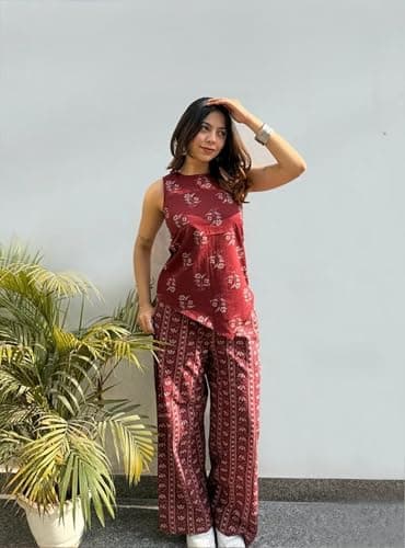 ONPEAK Women Printed Top and Bottom Set Casual Daily Wear Office Travel Stylish Outfit for Women, Maroon, L — view 5