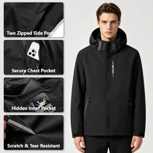 DOINEUFL Mens Waterproof Jacket Packable Lightweight Raincoat, Breathable Hooded Windbreaker Coat with Multi-Pockets for Hiking, Walking (UK, Alpha, XL, Regular, Regular, Black) — view 5