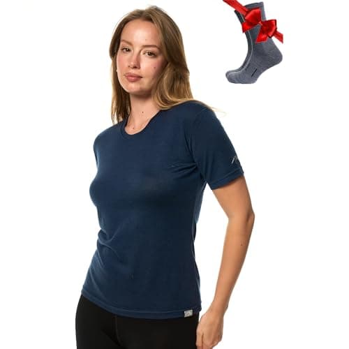 100% Merino Wool T Shirt Women - Merino Wool Base Layer Womens + Socks (Large, Navy)