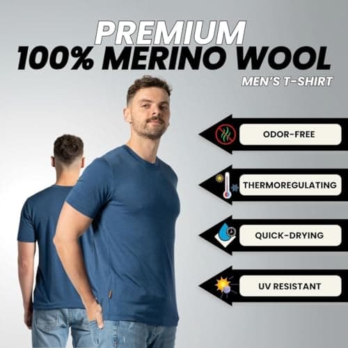 menique 100% Merino Shirt Mens Short Sleeve T Shirt, Lightweight Thermal Top Men, Base Layer, Wicking Breathable Undershirt Top, Crew Neck Tee for Outdoor Travel & Hiking, Denim Blue, L — view 3