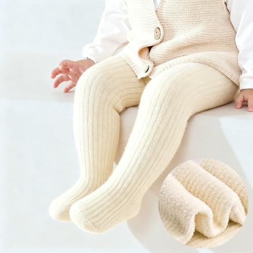 LEHEEYWT Baby Tights, Thick Fleece Thermal Baby Leggings, Elastic Soft Pantyhose Winter Tights For Girls 6 Months To 3 Years (UK, Age, 6 Months, 12 Months, Cream White) — view 2