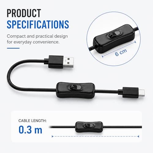 Flomiara USB A to USB C Cable with On Off Switch, Inline USB Type C Power Cable for LED Strip Lights, Webcam, Desk Fan & Power Bank, Short USB Switch Cord (30CM) — view 3