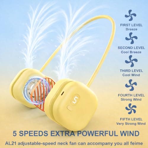 Foluu Rechargeable Neck Fan with 5 Speeds & Digital Display - Portable Hands-Free Personal Fan with 120 Blades Turbine, 360° Flexible Silicone, Ultra-Quiet 40dB - for Travel, Sports, Office (Yellow) — view 2
