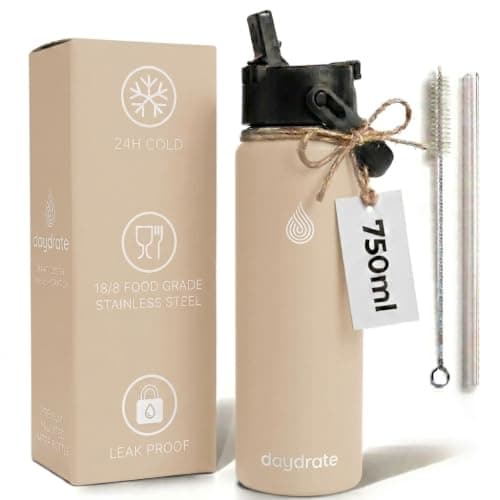 Insulated Metal Water Bottle with Straw 750ml- Stainless Steel Water Bottle, BPA Free, Lid Straw & Spout, Leakproof, 24 Hours Cold & Hot, Work, Travel, Gym Bottle for Men & Women - Sandstone -Daydrate