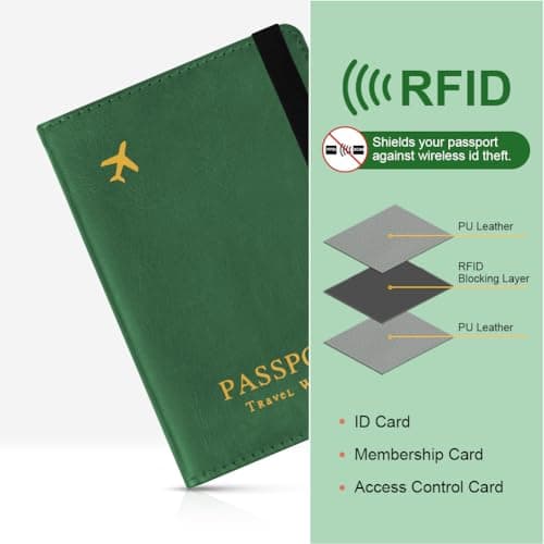AOOSU Airtag Wallet Passport Holder Cover, PU Leather Passport Cover with RFID Blocking Travel Wallet, Portable Universal Travel Wallets Case Organiser for Money, Boarding Passes, Credit Cards Green — view 5